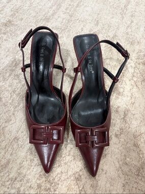 Burgundy Pointed Toe Slingback Kitten Heels